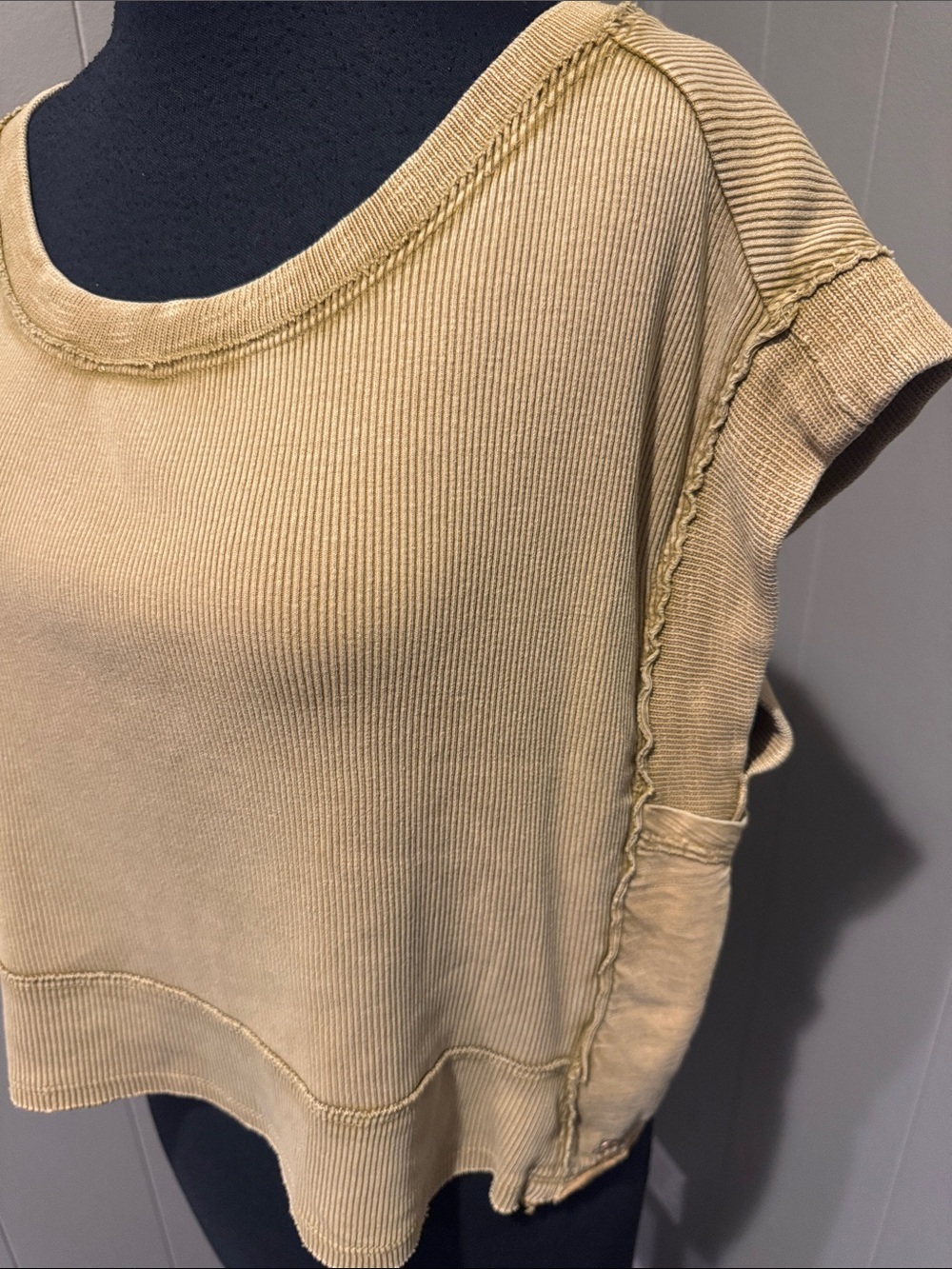 PILCRO Anthropologie washed gold ribbed oversized squared raw seams crop top. S - Picture 2 of 8